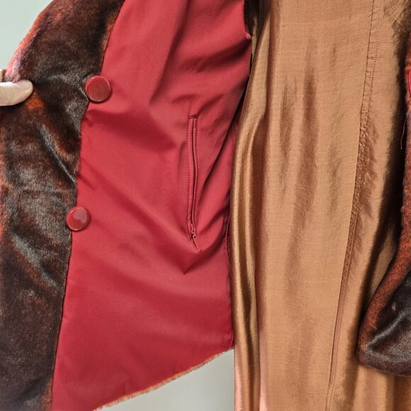 Dennis Basso Faux Fur Coat Size L Reversible Red Maroon Pockets Soft - Picture 8 of 14